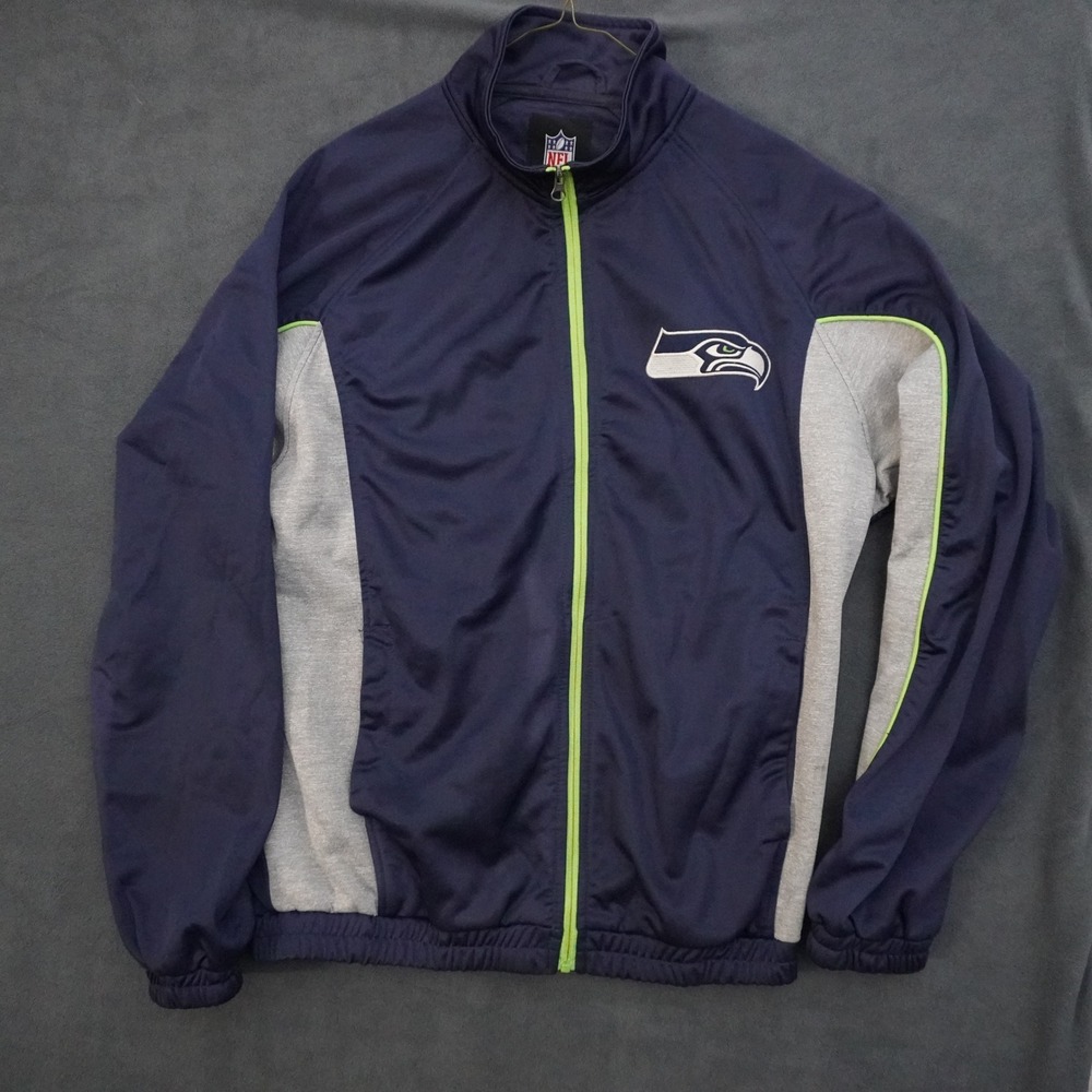 NFL Seattle Seahawks Full Zip Track Jacket Mens Medium Navy Blue Gray Lime Green